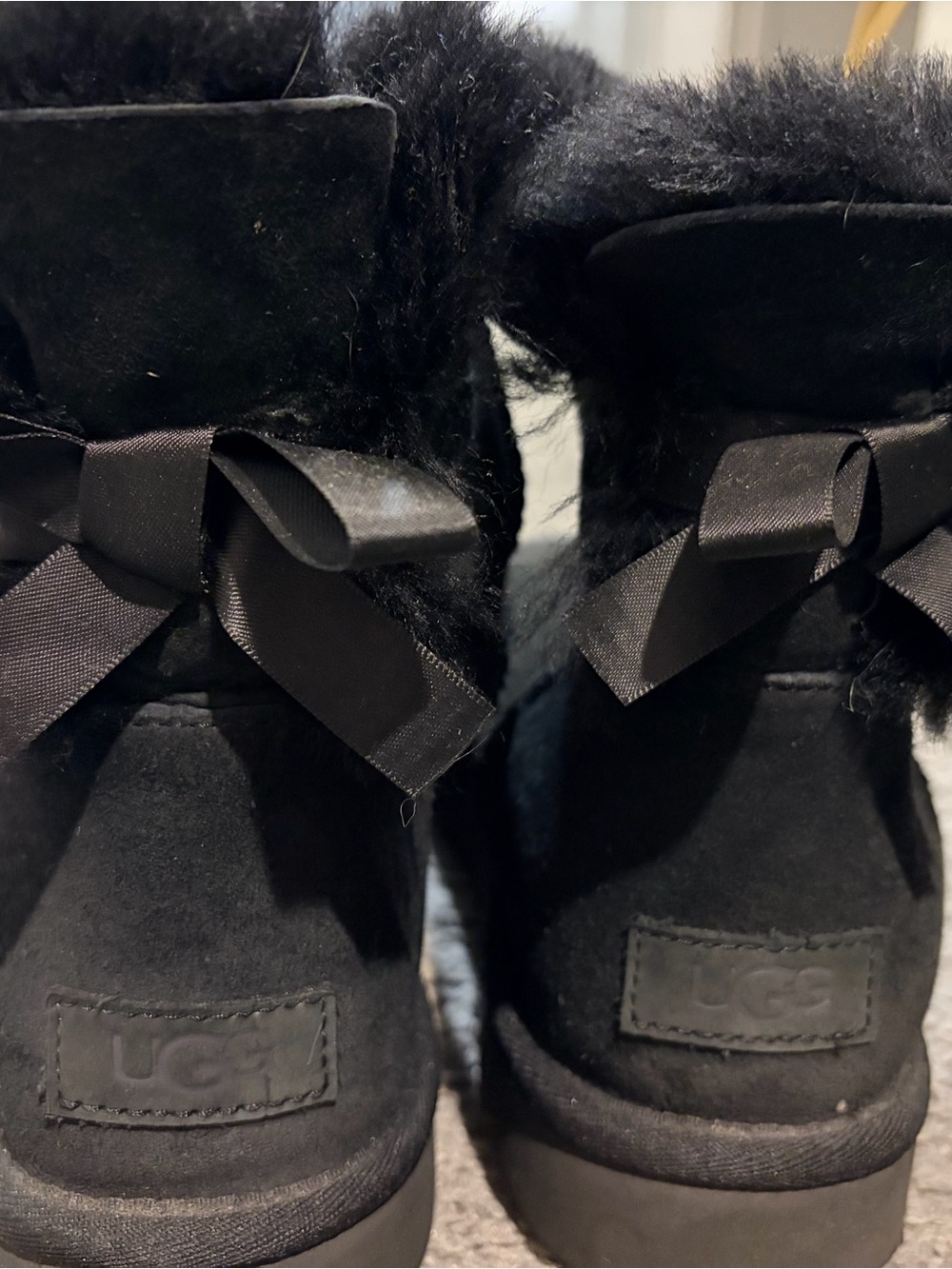 UGG Women’s Black Suede Shearling Bow Back Boots